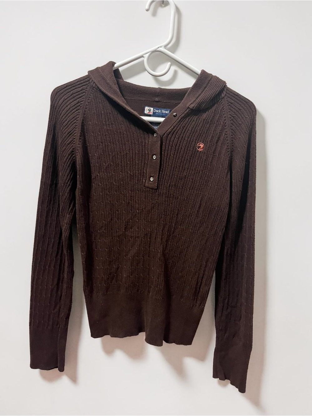 Duck Head Dark Brown Ribbed Hooded Knit Top Womens Size Medium Vintage